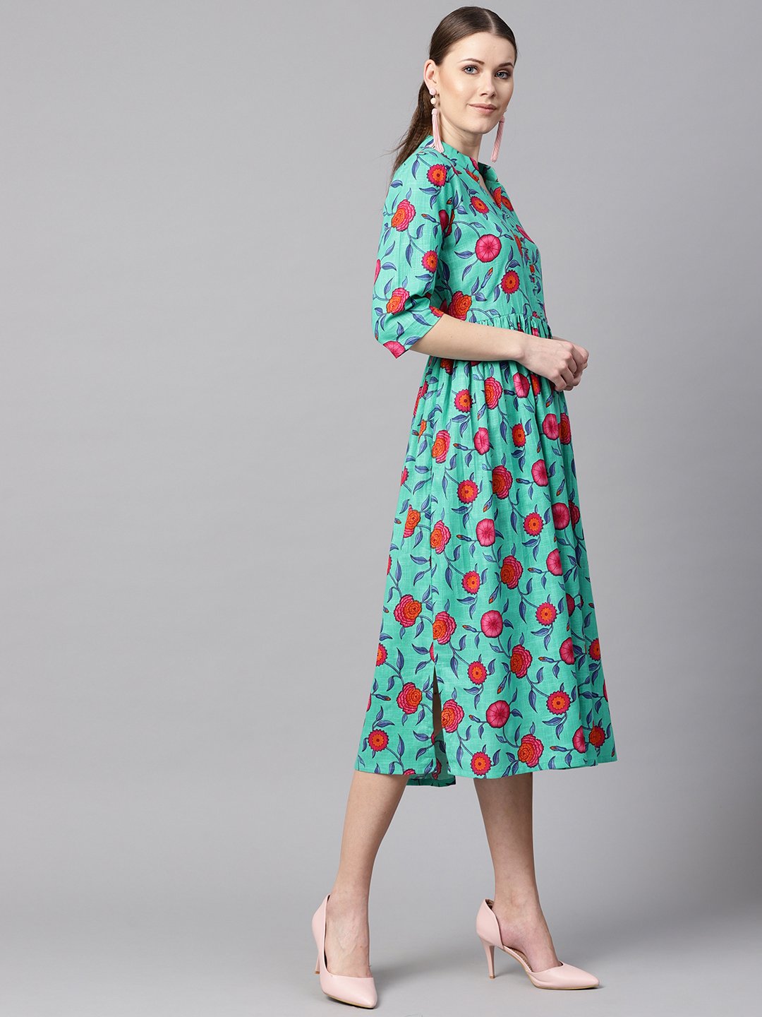 Blue Colored Floral Printed 3/4Th Sleeve Pleated Dress | LASVINI - Redefining Indian Fashion with Elegance