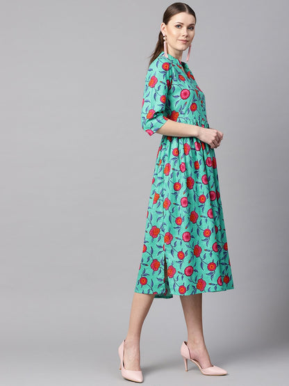 Blue Colored Floral Printed 3/4Th Sleeve Pleated Dress | LASVINI - Redefining Indian Fashion with Elegance