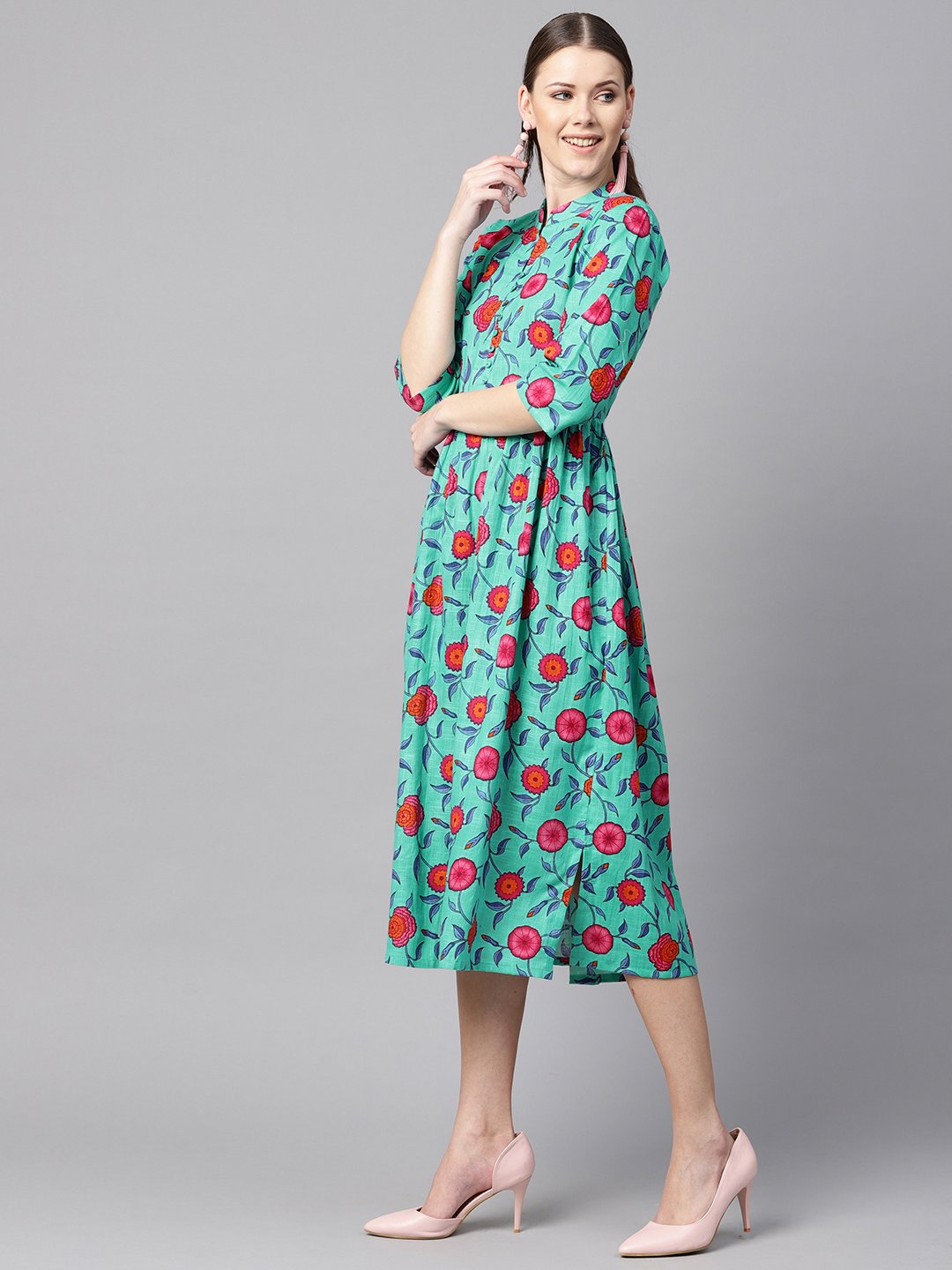 Blue Colored Floral Printed 3/4Th Sleeve Pleated Dress | LASVINI - Redefining Indian Fashion with Elegance