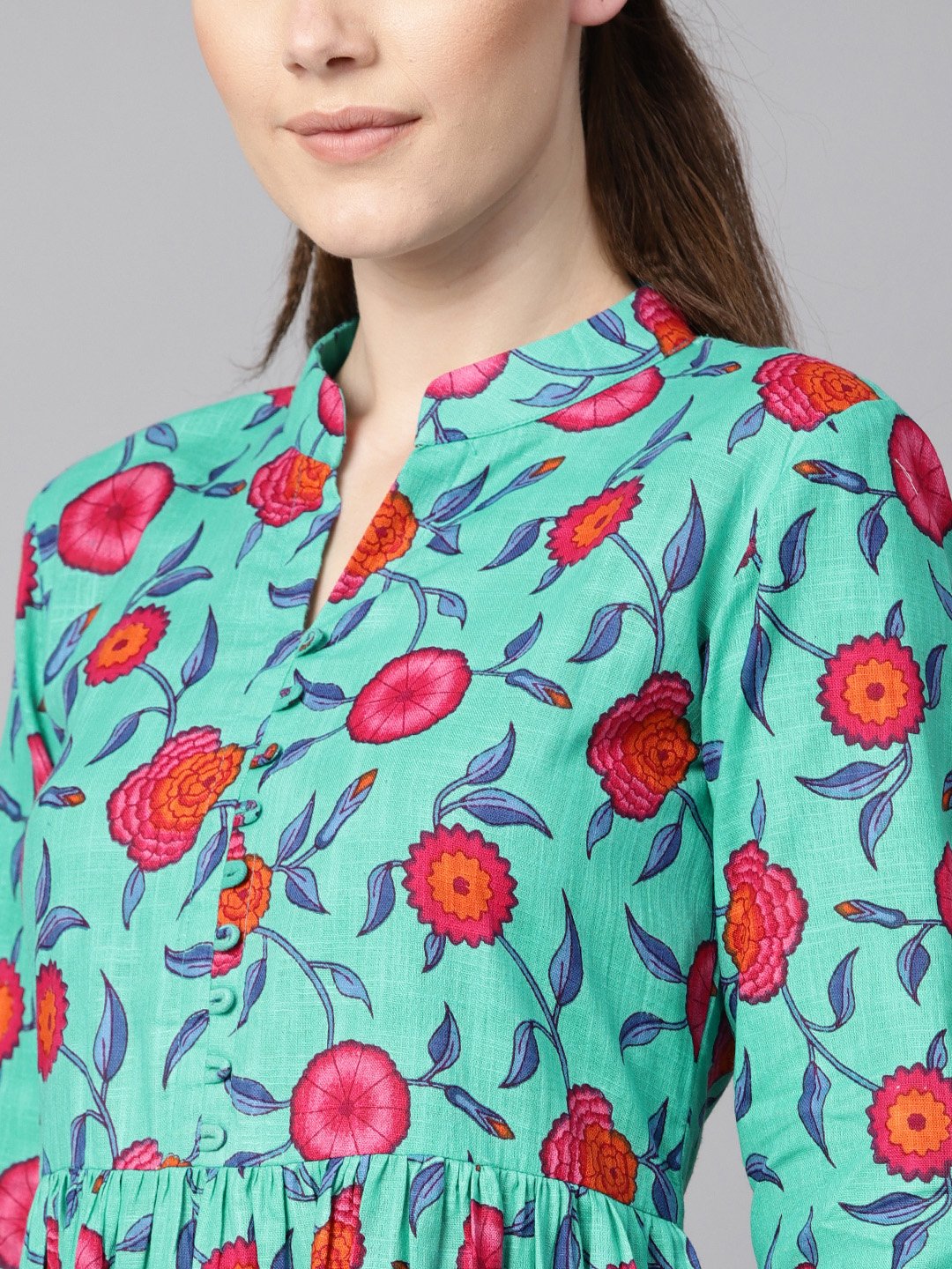 Blue Colored Floral Printed 3/4Th Sleeve Pleated Dress | LASVINI - Redefining Indian Fashion with Elegance