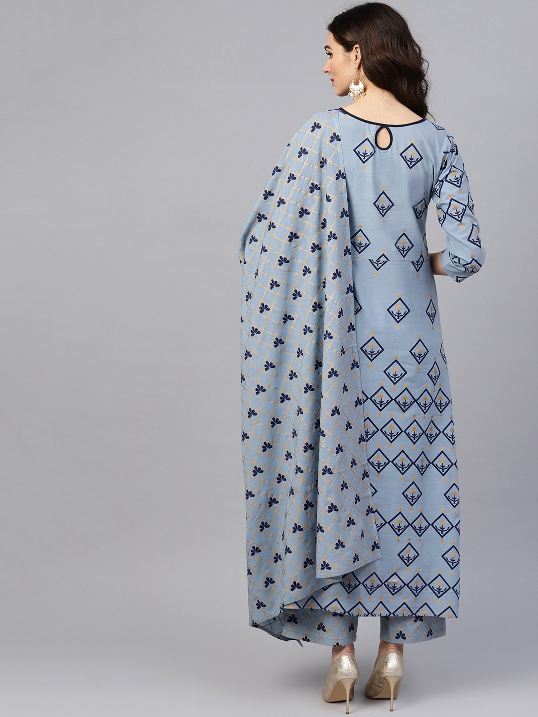 Women Blue & Golden Printed Kurta With Trousers & Dupatta | LASVINI - Redefining Indian Fashion with Elegance