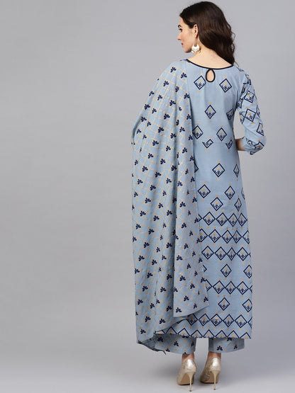 Women Blue & Golden Printed Kurta With Trousers & Dupatta | LASVINI - Redefining Indian Fashion with Elegance