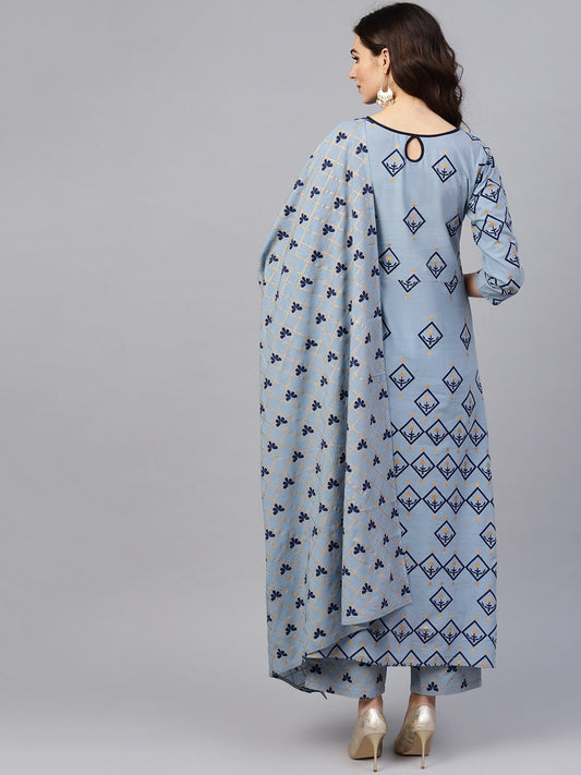 Women Blue & Golden Printed Kurta With Trousers & Dupatta | LASVINI - Redefining Indian Fashion with Elegance