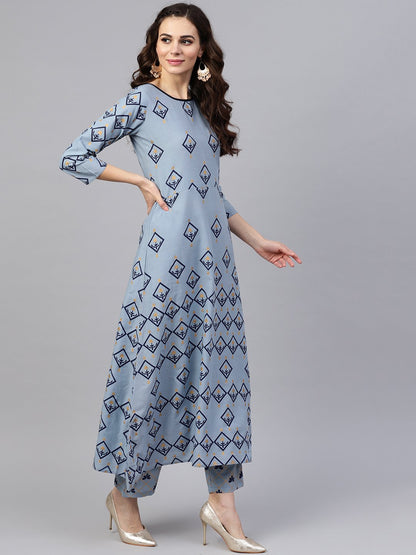Women Blue & Golden Printed Kurta With Trousers & Dupatta | LASVINI - Redefining Indian Fashion with Elegance