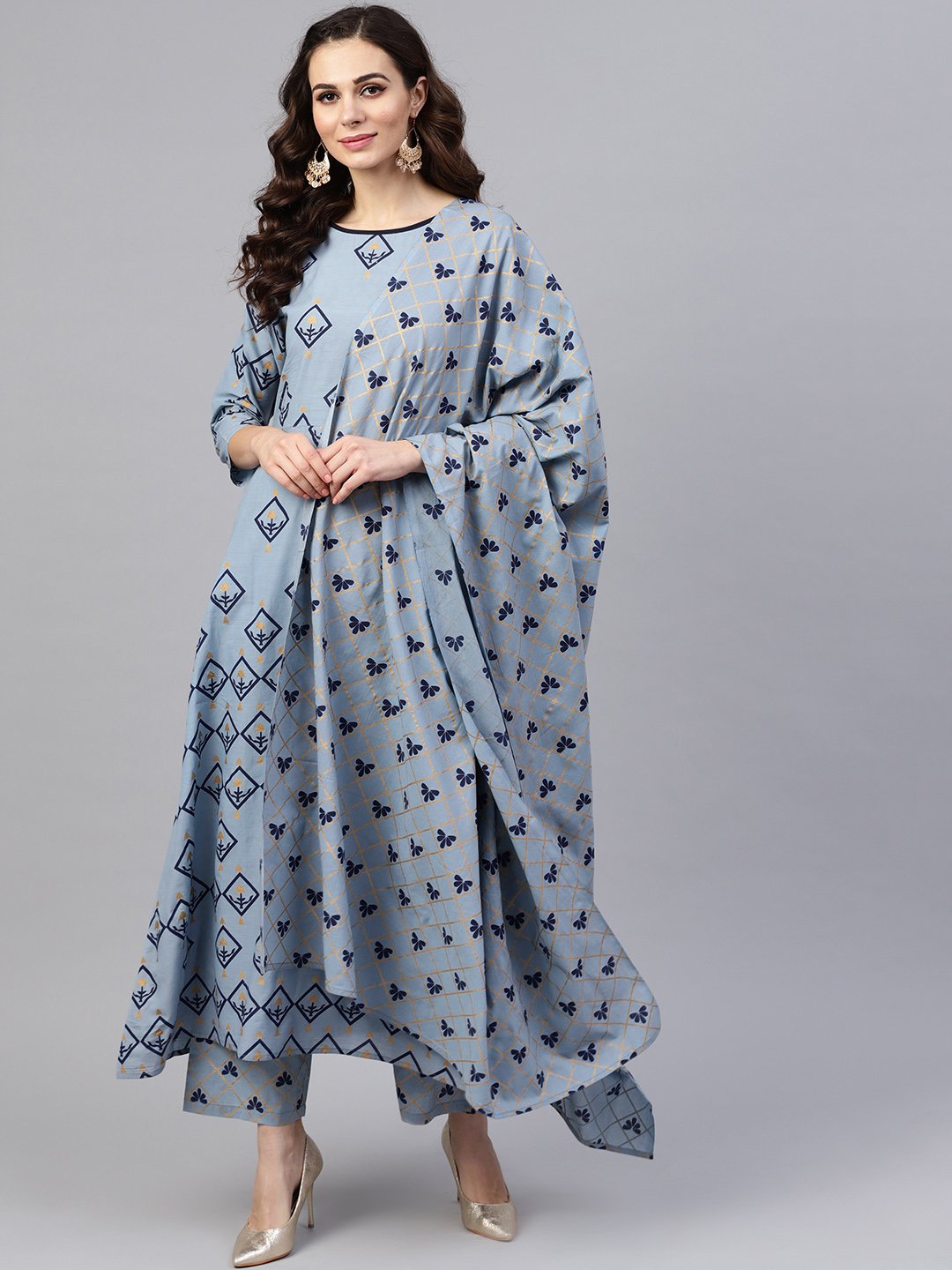 Women Blue & Golden Printed Kurta With Trousers & Dupatta | LASVINI - Redefining Indian Fashion with Elegance