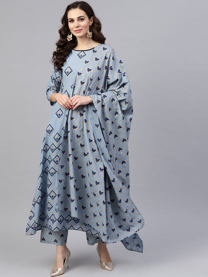 Women Blue & Golden Printed Kurta With Trousers & Dupatta | LASVINI - Redefining Indian Fashion with Elegance