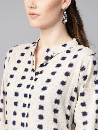 Beige Geometric Printed Cotton Straight Kurta | LASVINI - Redefining Indian Fashion with Elegance
