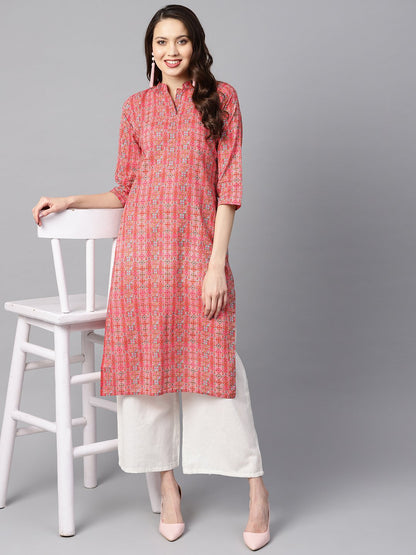 Geometric And Floral Mix Printed Cotton Straight Kurta | LASVINI - Redefining Indian Fashion with Elegance