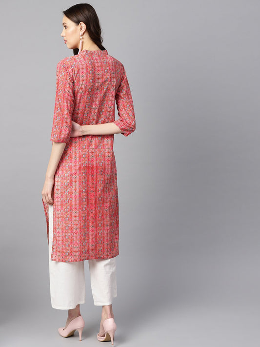 Geometric And Floral Mix Printed Cotton Straight Kurta | LASVINI - Redefining Indian Fashion with Elegance