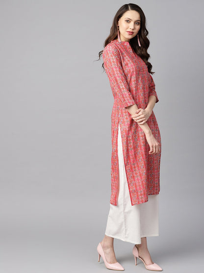 Geometric And Floral Mix Printed Cotton Straight Kurta | LASVINI - Redefining Indian Fashion with Elegance