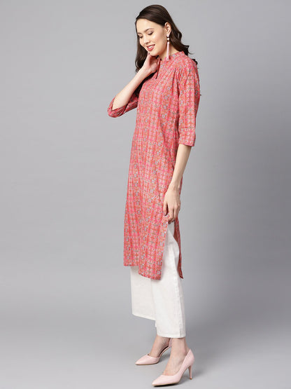 Geometric And Floral Mix Printed Cotton Straight Kurta | LASVINI - Redefining Indian Fashion with Elegance