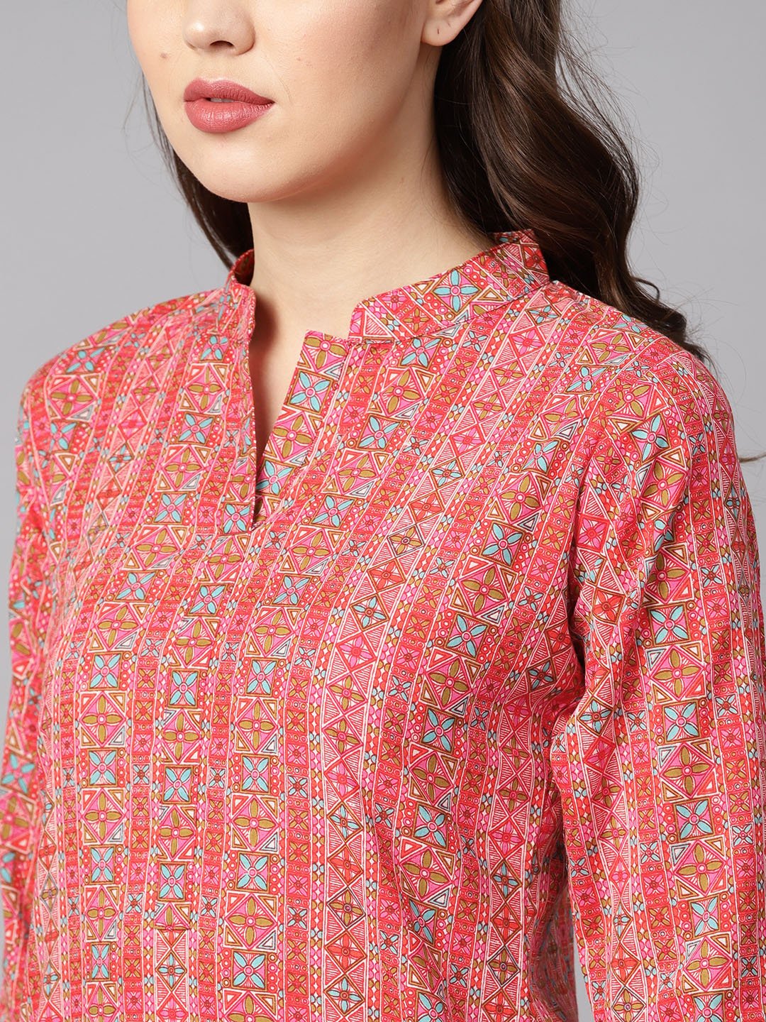 Geometric And Floral Mix Printed Cotton Straight Kurta | LASVINI - Redefining Indian Fashion with Elegance