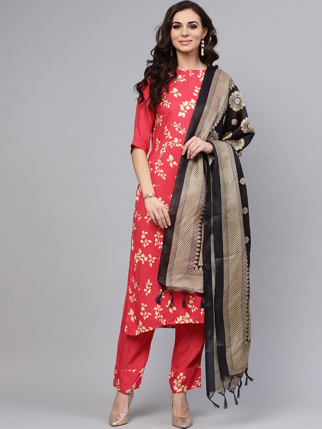 Leaf Printed Straight Kurta And Solid Pants With Printed Dupatta | LASVINI - Redefining Indian Fashion with Elegance