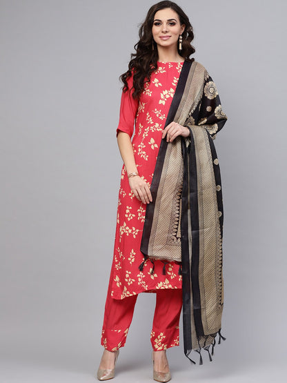 Leaf Printed Straight Kurta And Solid Pants With Printed Dupatta | LASVINI - Redefining Indian Fashion with Elegance
