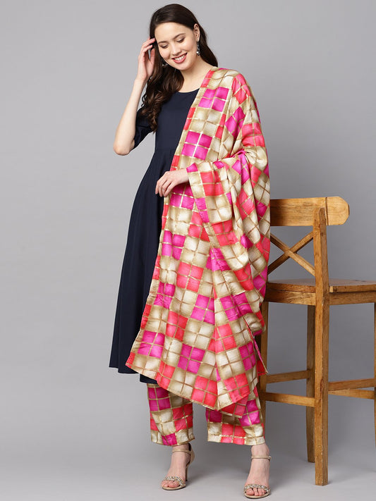 Solid Navy Blue Gathered A-Line Kurta With Solid Navy Blue Palazzo With Checks Printed Cuff At The Hem With Checks Printed Dupatta | LASVINI - Redefining Indian Fashion with Elegance