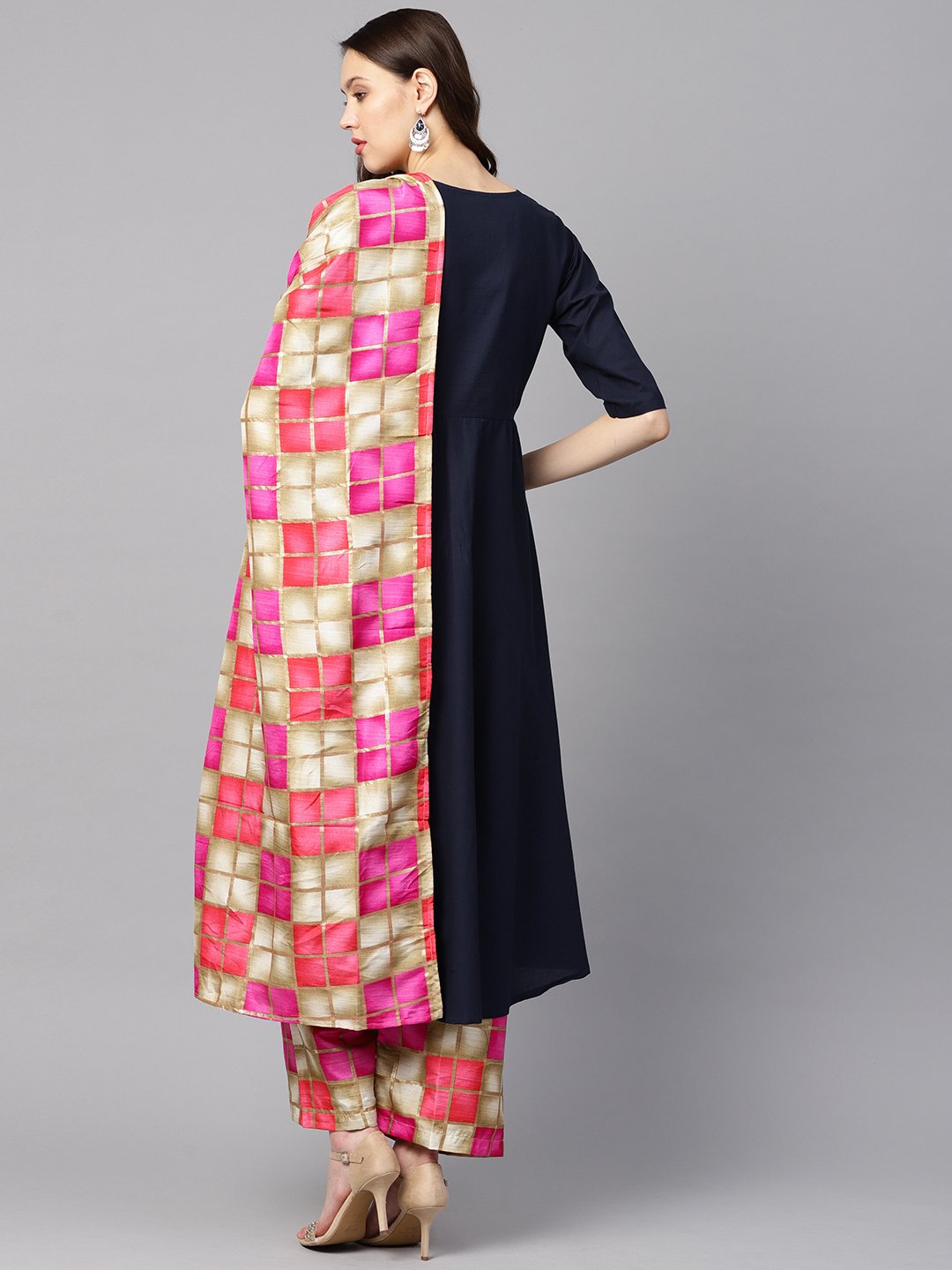 Solid Navy Blue Gathered A-Line Kurta With Solid Navy Blue Palazzo With Checks Printed Cuff At The Hem With Checks Printed Dupatta | LASVINI - Redefining Indian Fashion with Elegance