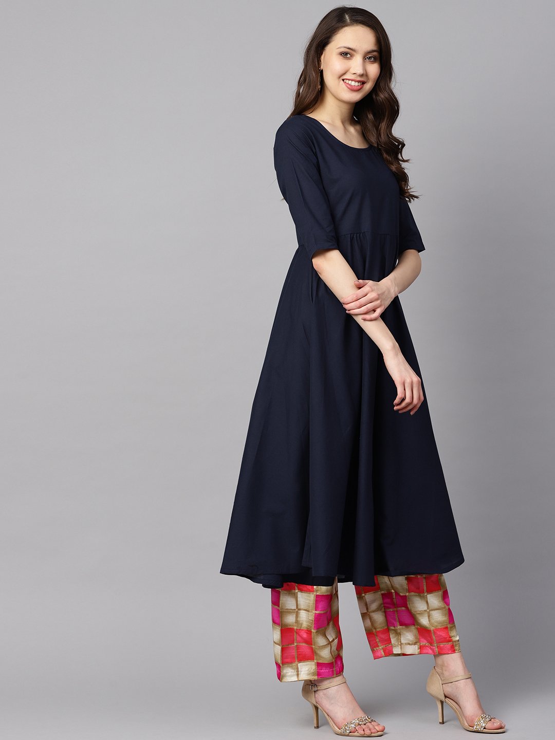 Solid Navy Blue Gathered A-Line Kurta With Solid Navy Blue Palazzo With Checks Printed Cuff At The Hem With Checks Printed Dupatta | LASVINI - Redefining Indian Fashion with Elegance