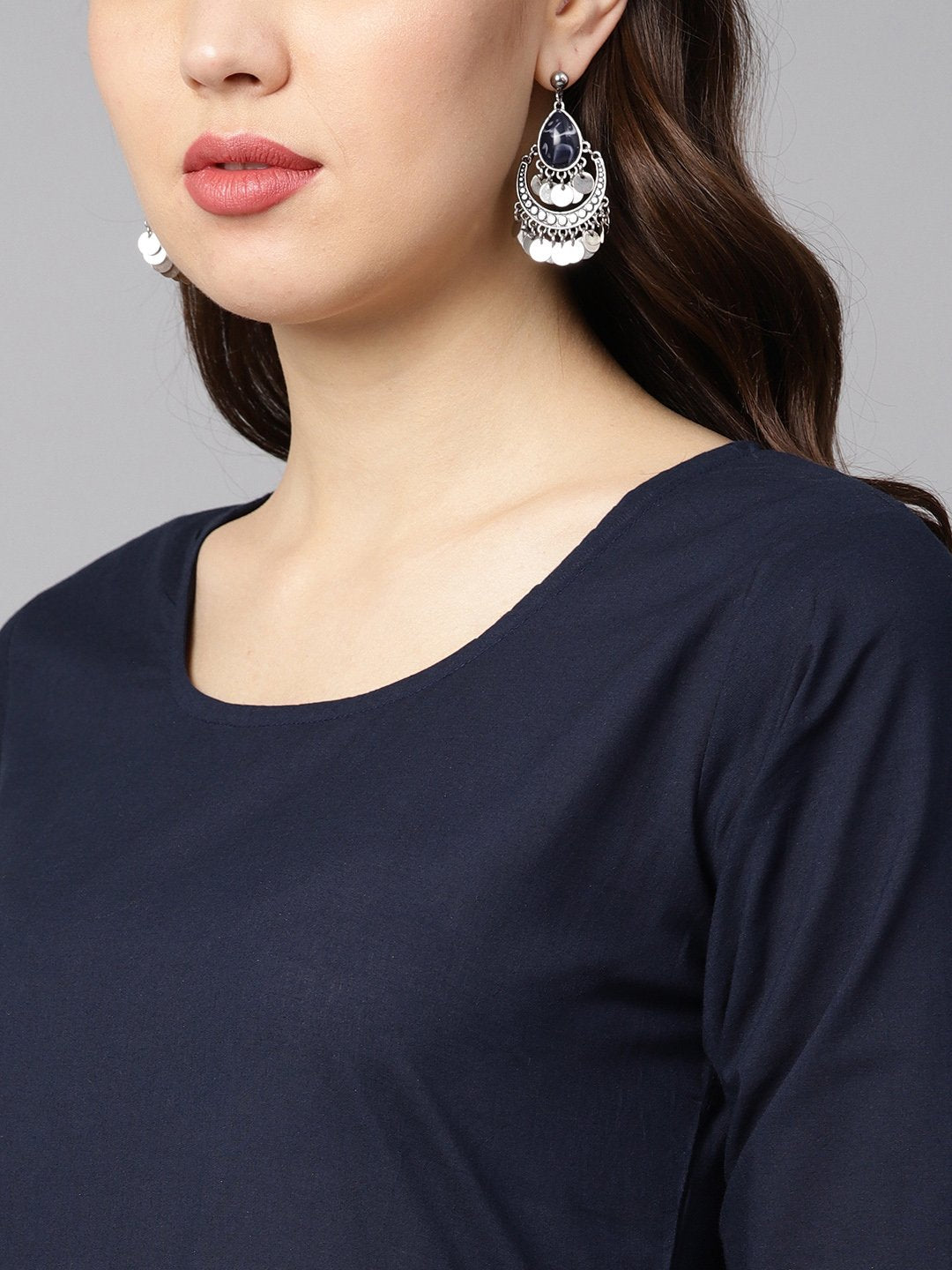 Solid Navy Blue Gathered A-Line Kurta With Solid Navy Blue Palazzo With Checks Printed Cuff At The Hem With Checks Printed Dupatta | LASVINI - Redefining Indian Fashion with Elegance