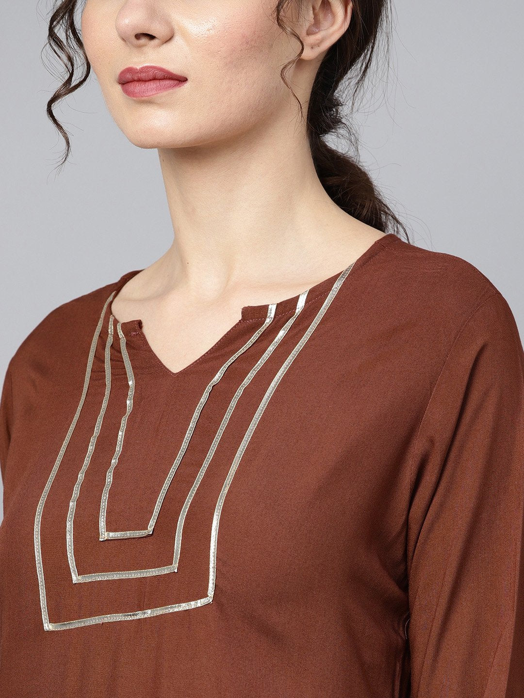 Solid Brown With Gota Detailing Straight Kurta And Sharara With Printed Dupatta | LASVINI - Redefining Indian Fashion with Elegance