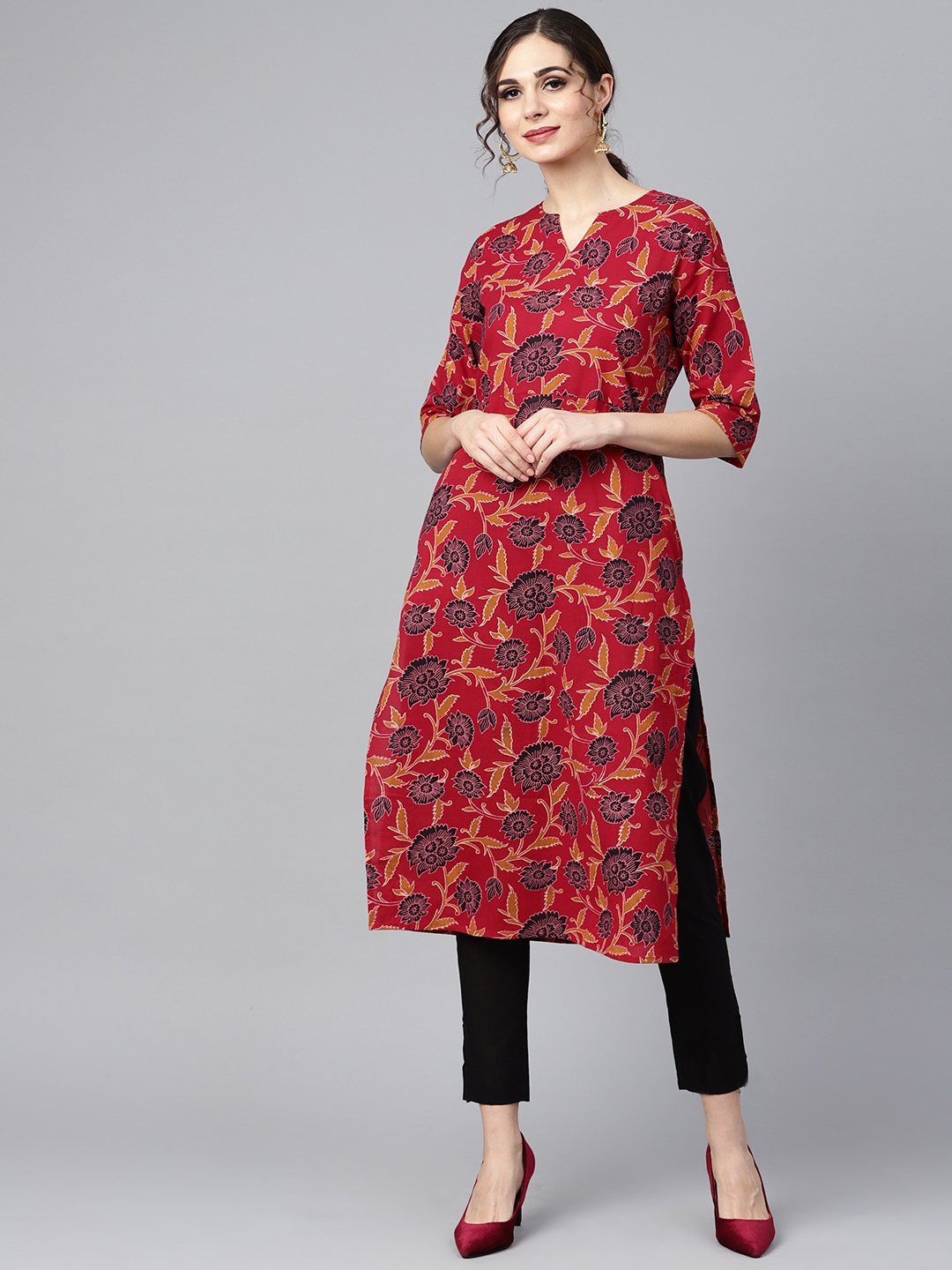 Maroon Floral Printed 3/4Th Sleeve Straight Kurta With Solid Black Cigerette Pants | LASVINI - Redefining Indian Fashion with Elegance