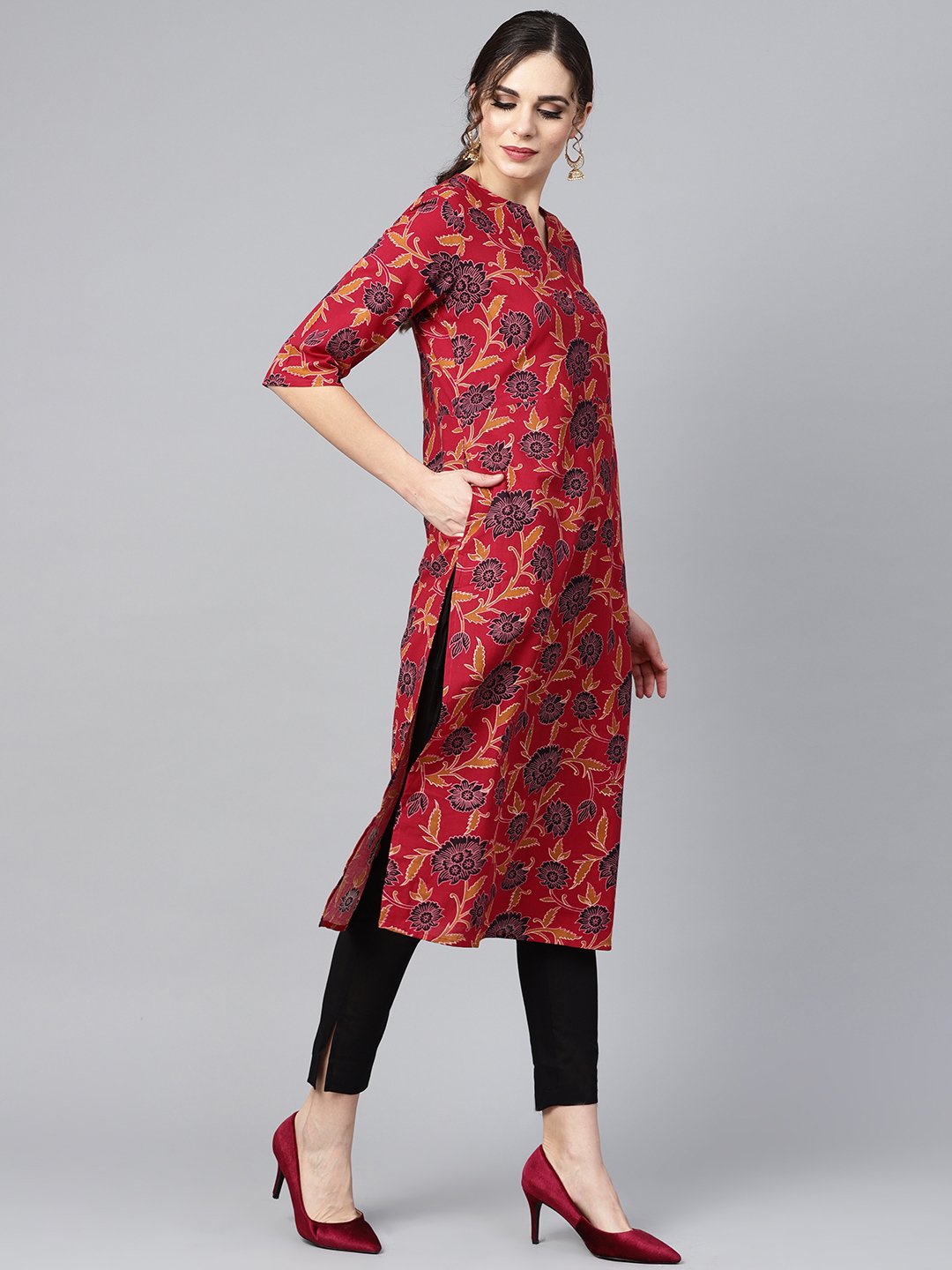 Maroon Floral Printed 3/4Th Sleeve Straight Kurta With Solid Black Cigerette Pants | LASVINI - Redefining Indian Fashion with Elegance