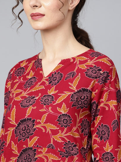 Maroon Floral Printed 3/4Th Sleeve Straight Kurta With Solid Black Cigerette Pants | LASVINI - Redefining Indian Fashion with Elegance