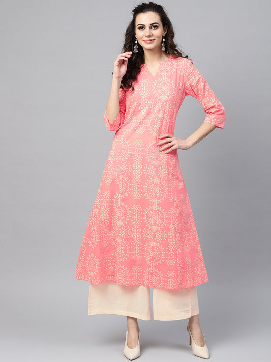 Pink Printed 3/4Th Sleeve Kurta Set With Beige Palazzo | LASVINI - Redefining Indian Fashion with Elegance