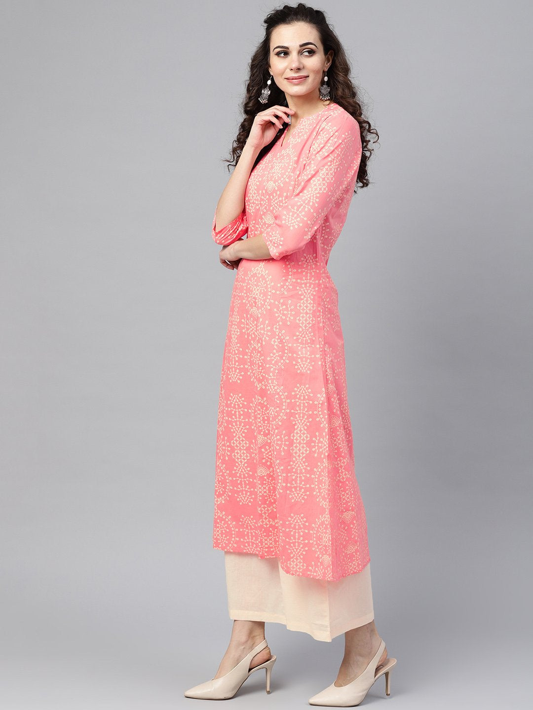 Pink Printed 3/4Th Sleeve Kurta Set With Beige Palazzo | LASVINI - Redefining Indian Fashion with Elegance