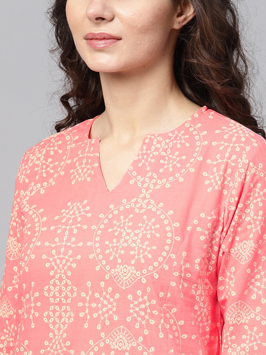 Pink Printed 3/4Th Sleeve Kurta Set With Beige Palazzo | LASVINI - Redefining Indian Fashion with Elegance