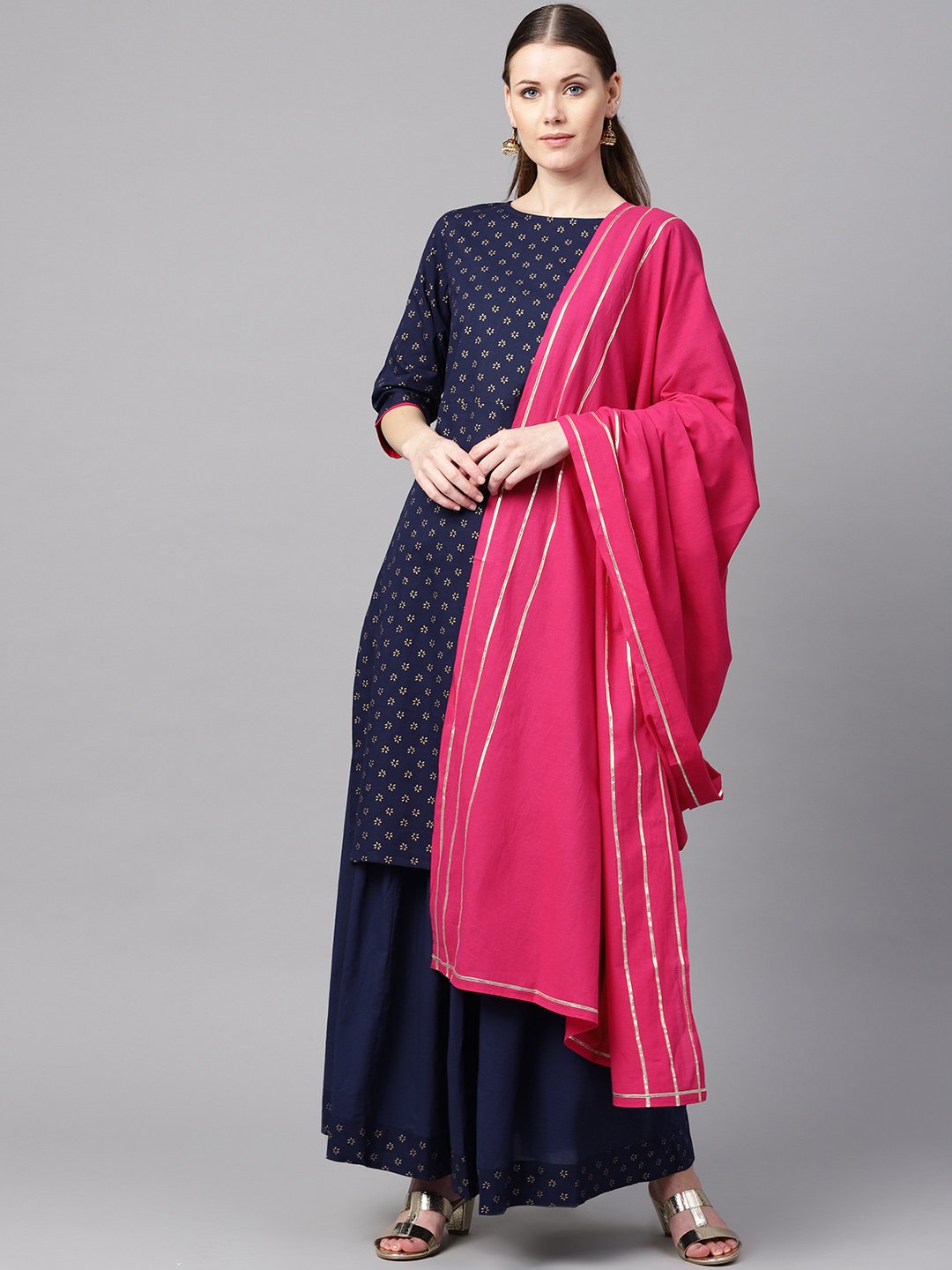 Navy Blue Gold Printed Straight Kurta With Solid Navy Blue Skirt With Solid Rani Pink Dupatta | LASVINI - Redefining Indian Fashion with Elegance
