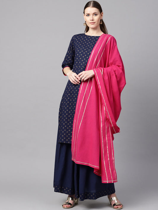 Navy Blue Gold Printed Straight Kurta With Solid Navy Blue Skirt With Solid Rani Pink Dupatta | LASVINI - Redefining Indian Fashion with Elegance
