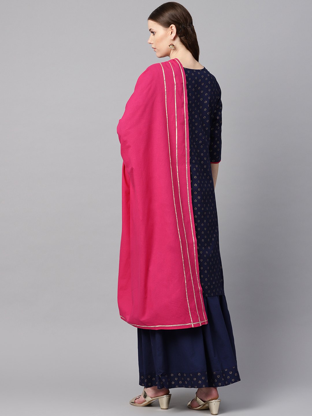Navy Blue Gold Printed Straight Kurta With Solid Navy Blue Skirt With Solid Rani Pink Dupatta | LASVINI - Redefining Indian Fashion with Elegance