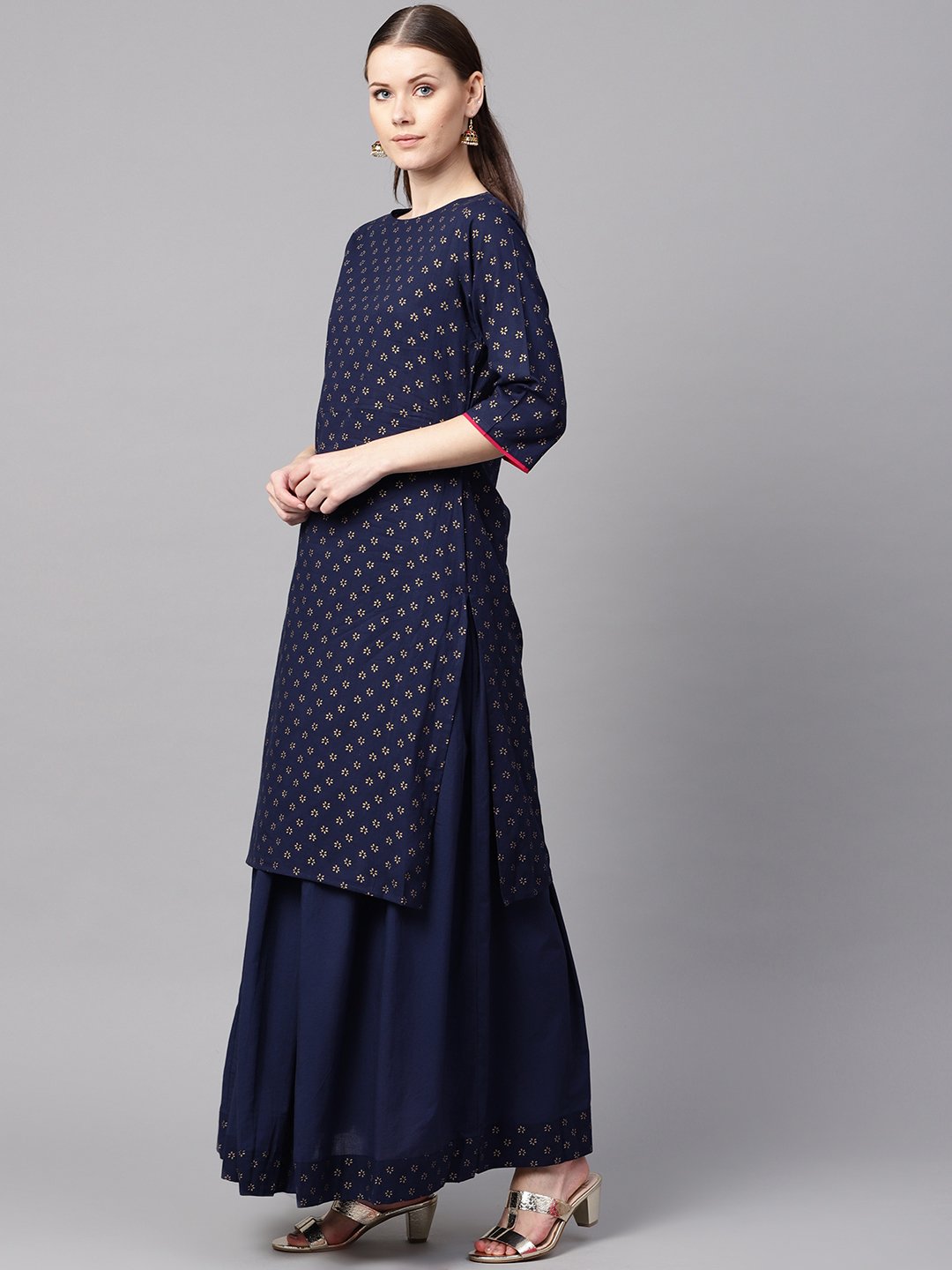 Navy Blue Gold Printed Straight Kurta With Solid Navy Blue Skirt With Solid Rani Pink Dupatta | LASVINI - Redefining Indian Fashion with Elegance