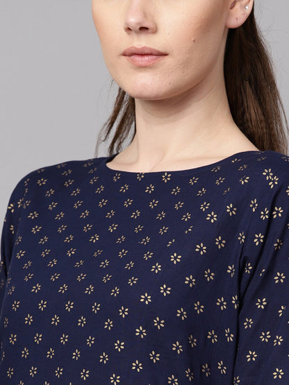 Navy Blue Gold Printed Straight Kurta With Solid Navy Blue Skirt With Solid Rani Pink Dupatta | LASVINI - Redefining Indian Fashion with Elegance