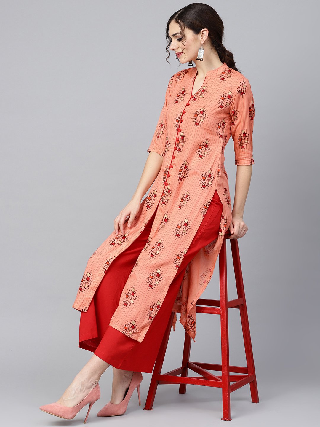 Geometric Gold Khadi Printed Straight Kurta With Multi Slits And Button Detailing, With Solid Red Palazzo | LASVINI - Redefining Indian Fashion with Elegance