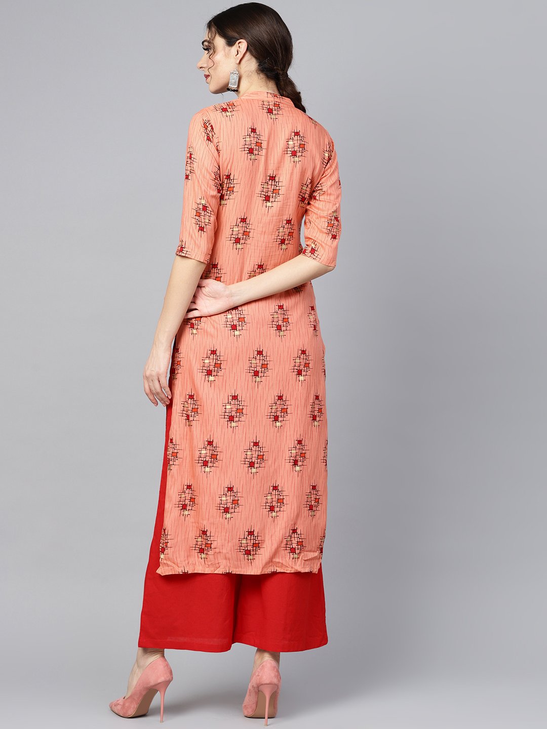 Geometric Gold Khadi Printed Straight Kurta With Multi Slits And Button Detailing, With Solid Red Palazzo | LASVINI - Redefining Indian Fashion with Elegance