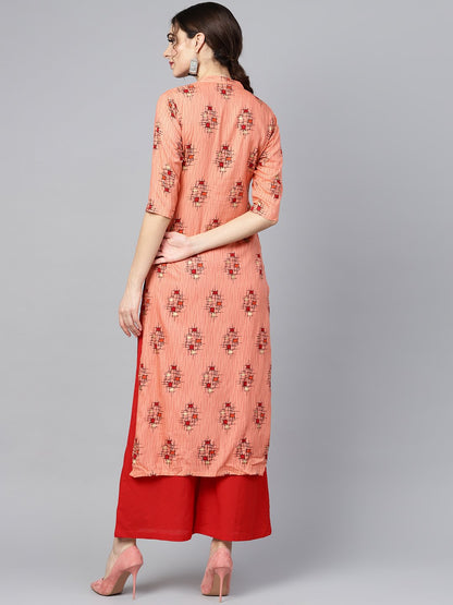 Geometric Gold Khadi Printed Straight Kurta With Multi Slits And Button Detailing, With Solid Red Palazzo | LASVINI - Redefining Indian Fashion with Elegance