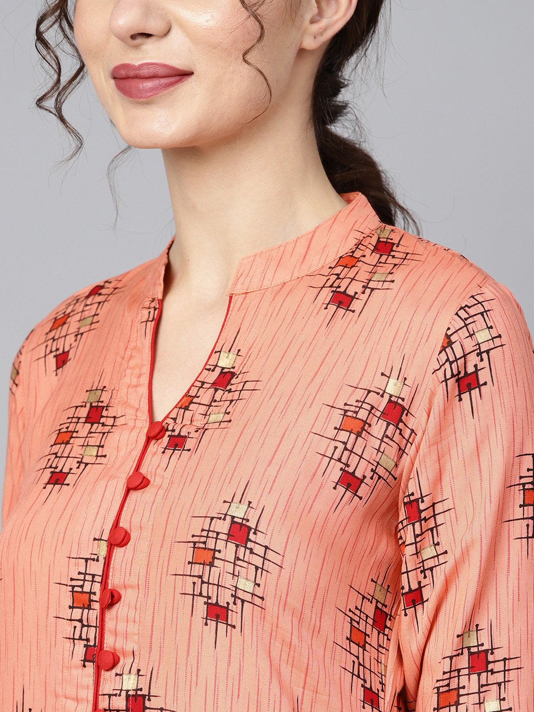 Geometric Gold Khadi Printed Straight Kurta With Multi Slits And Button Detailing, With Solid Red Palazzo | LASVINI - Redefining Indian Fashion with Elegance