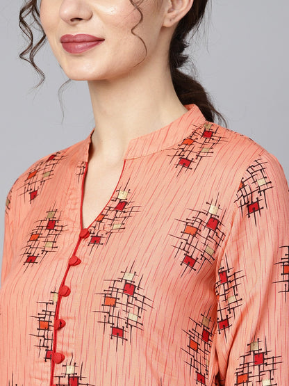 Geometric Gold Khadi Printed Straight Kurta With Multi Slits And Button Detailing, With Solid Red Palazzo | LASVINI - Redefining Indian Fashion with Elegance