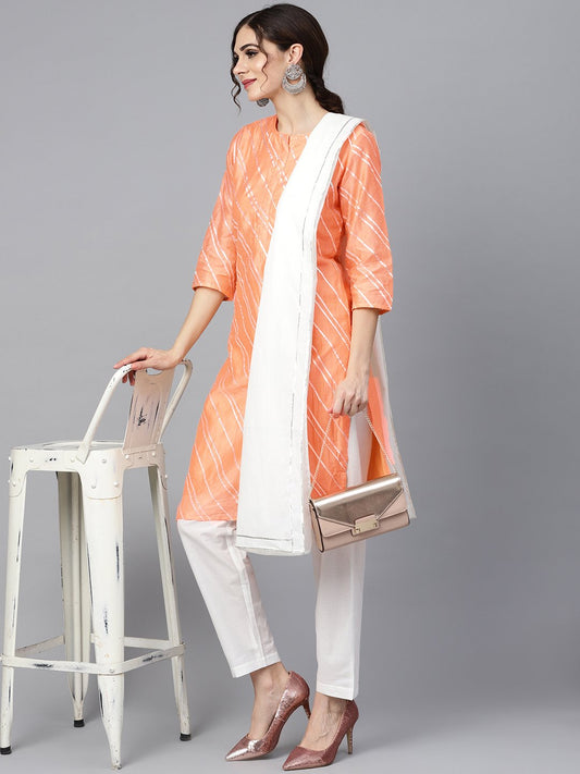 Solid Peach Gota Detailing Straight Kurta And Solid Off White Pants  With Gota Detailing Off White Mul Dupatta | LASVINI - Redefining Indian Fashion with Elegance