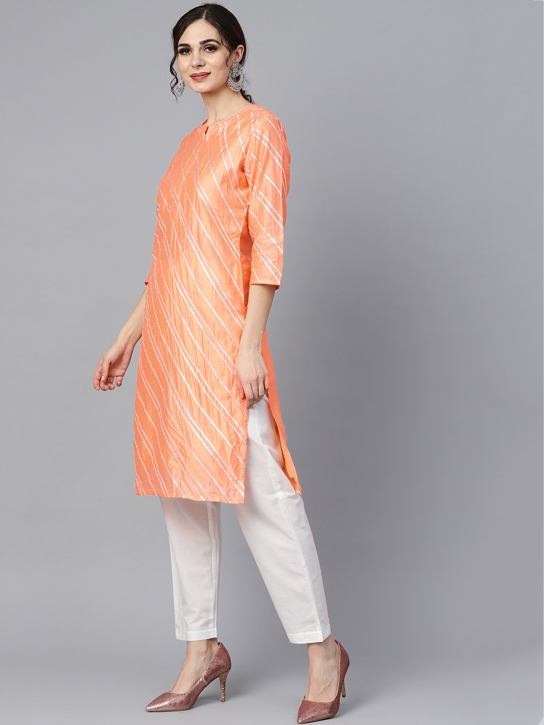 Solid Peach Gota Detailing Straight Kurta And Solid Off White Pants  With Gota Detailing Off White Mul Dupatta | LASVINI - Redefining Indian Fashion with Elegance