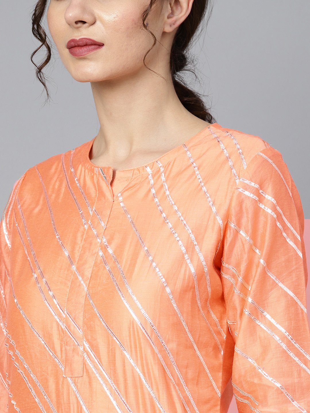 Solid Peach Gota Detailing Straight Kurta And Solid Off White Pants  With Gota Detailing Off White Mul Dupatta | LASVINI - Redefining Indian Fashion with Elegance