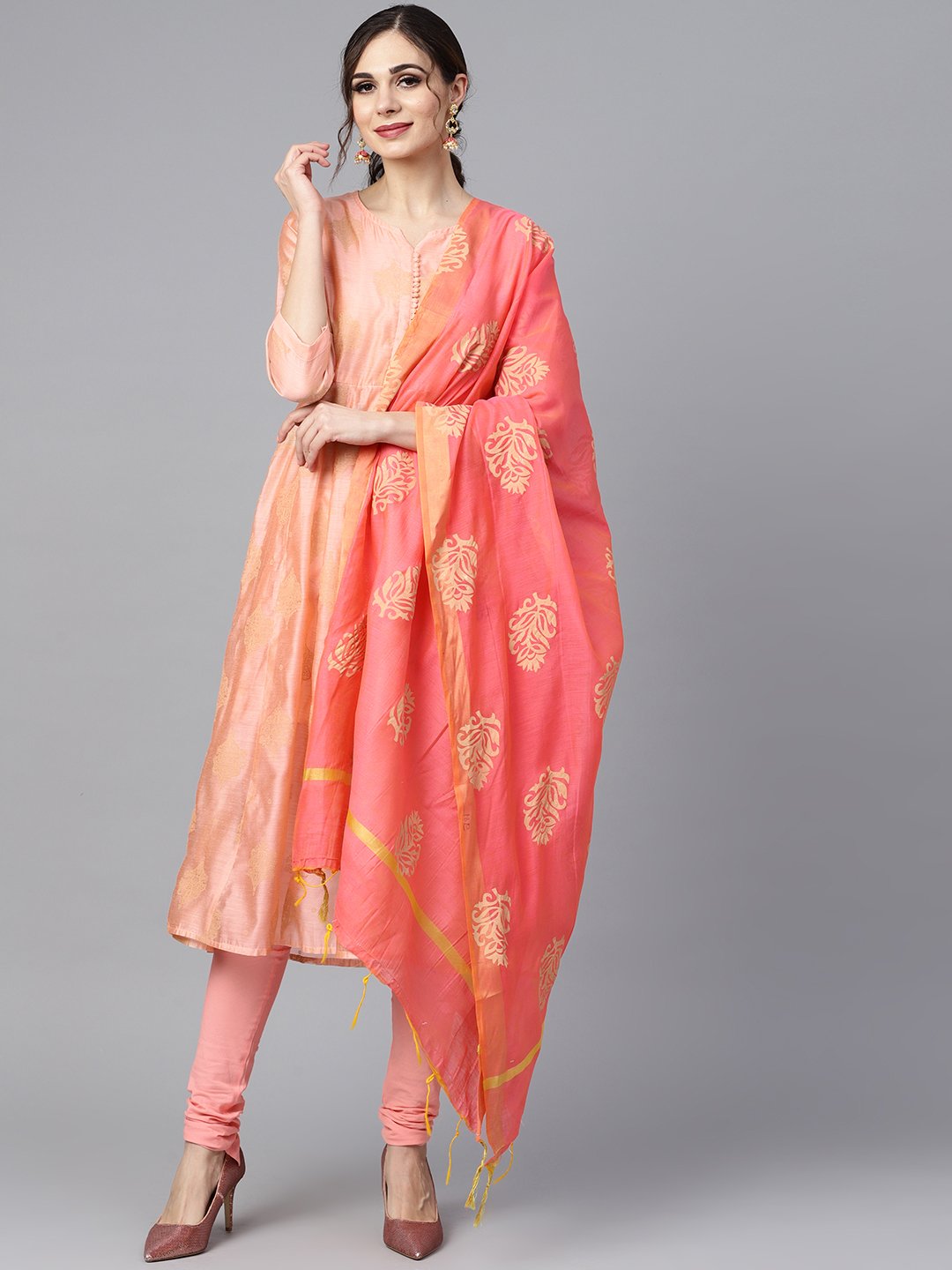 Peach Two-Toned Gold Khadi Chanderi Anarkali With Solid Light Pink Churidar And Printed Chanderi Dupatta | LASVINI - Redefining Indian Fashion with Elegance