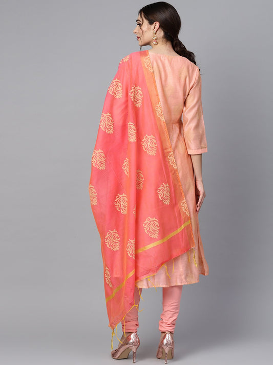 Peach Two-Toned Gold Khadi Chanderi Anarkali With Solid Light Pink Churidar And Printed Chanderi Dupatta | LASVINI - Redefining Indian Fashion with Elegance