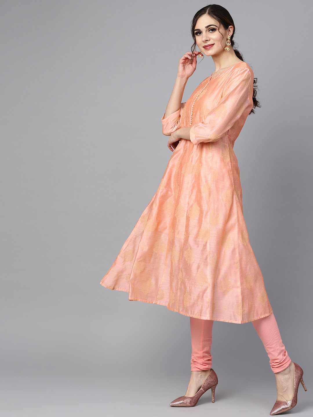 Peach Two-Toned Gold Khadi Chanderi Anarkali With Solid Light Pink Churidar And Printed Chanderi Dupatta | LASVINI - Redefining Indian Fashion with Elegance