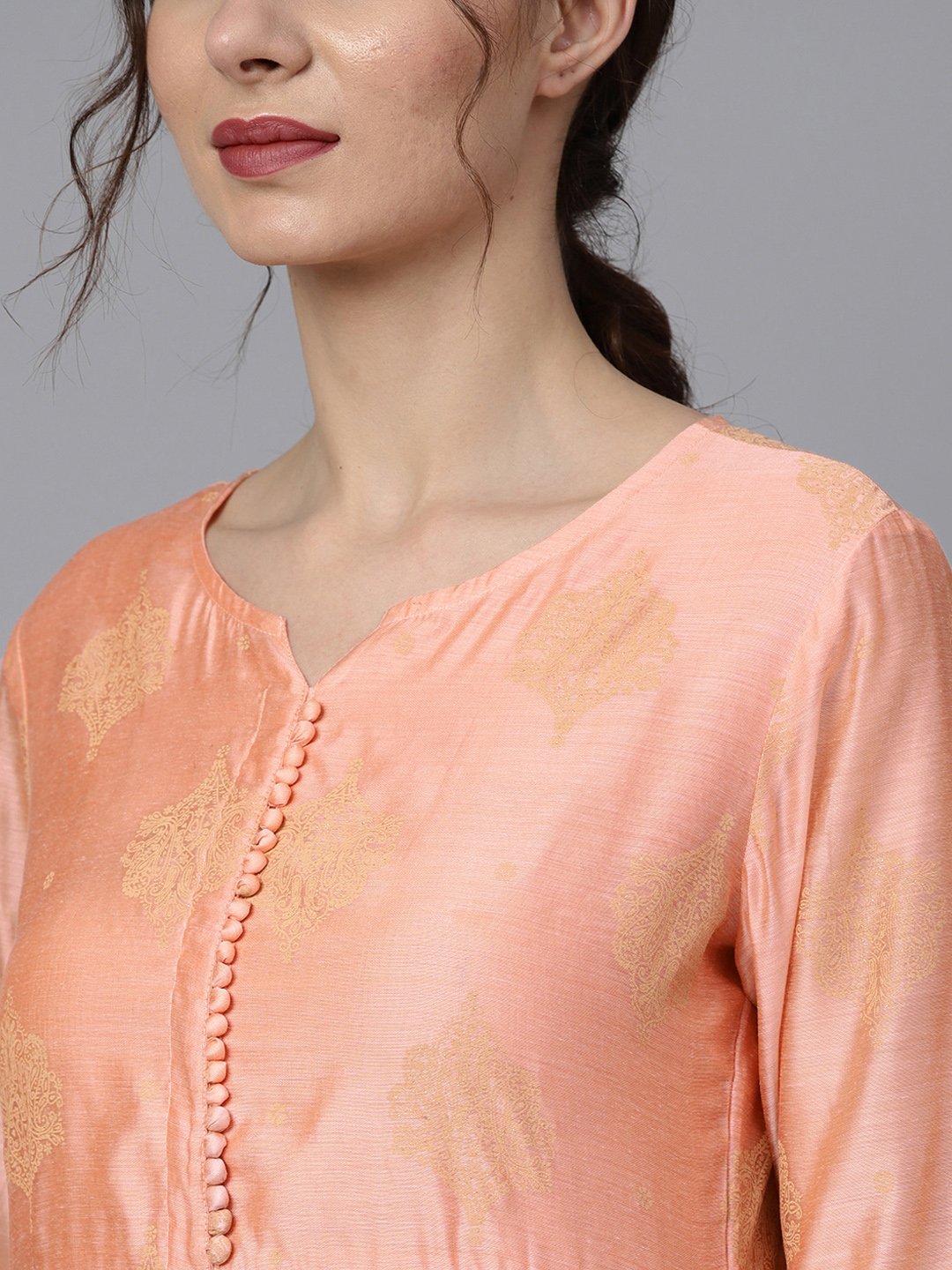 Peach Two-Toned Gold Khadi Chanderi Anarkali With Solid Light Pink Churidar And Printed Chanderi Dupatta | LASVINI - Redefining Indian Fashion with Elegance