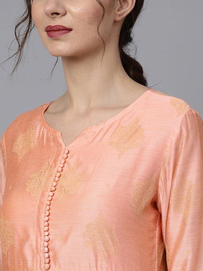 Peach Two-Toned Gold Khadi Chanderi Anarkali With Solid Light Pink Churidar And Printed Chanderi Dupatta | LASVINI - Redefining Indian Fashion with Elegance