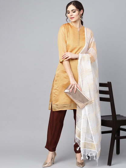 Mustard Brown Chanderi Straight Kurta With Lining With Solid Chocolate Brown Rayon Pants With Kotadoriya Dupatta | LASVINI - Redefining Indian Fashion with Elegance