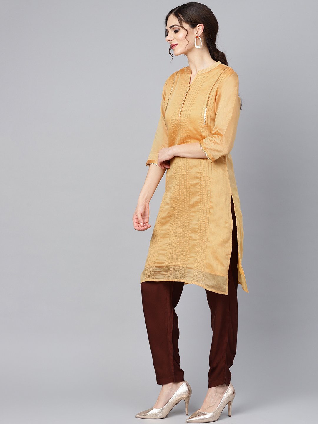 Mustard Brown Chanderi Straight Kurta With Lining With Solid Chocolate Brown Rayon Pants With Kotadoriya Dupatta | LASVINI - Redefining Indian Fashion with Elegance