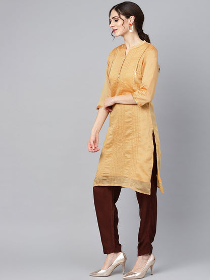 Mustard Brown Chanderi Straight Kurta With Lining With Solid Chocolate Brown Rayon Pants With Kotadoriya Dupatta | LASVINI - Redefining Indian Fashion with Elegance